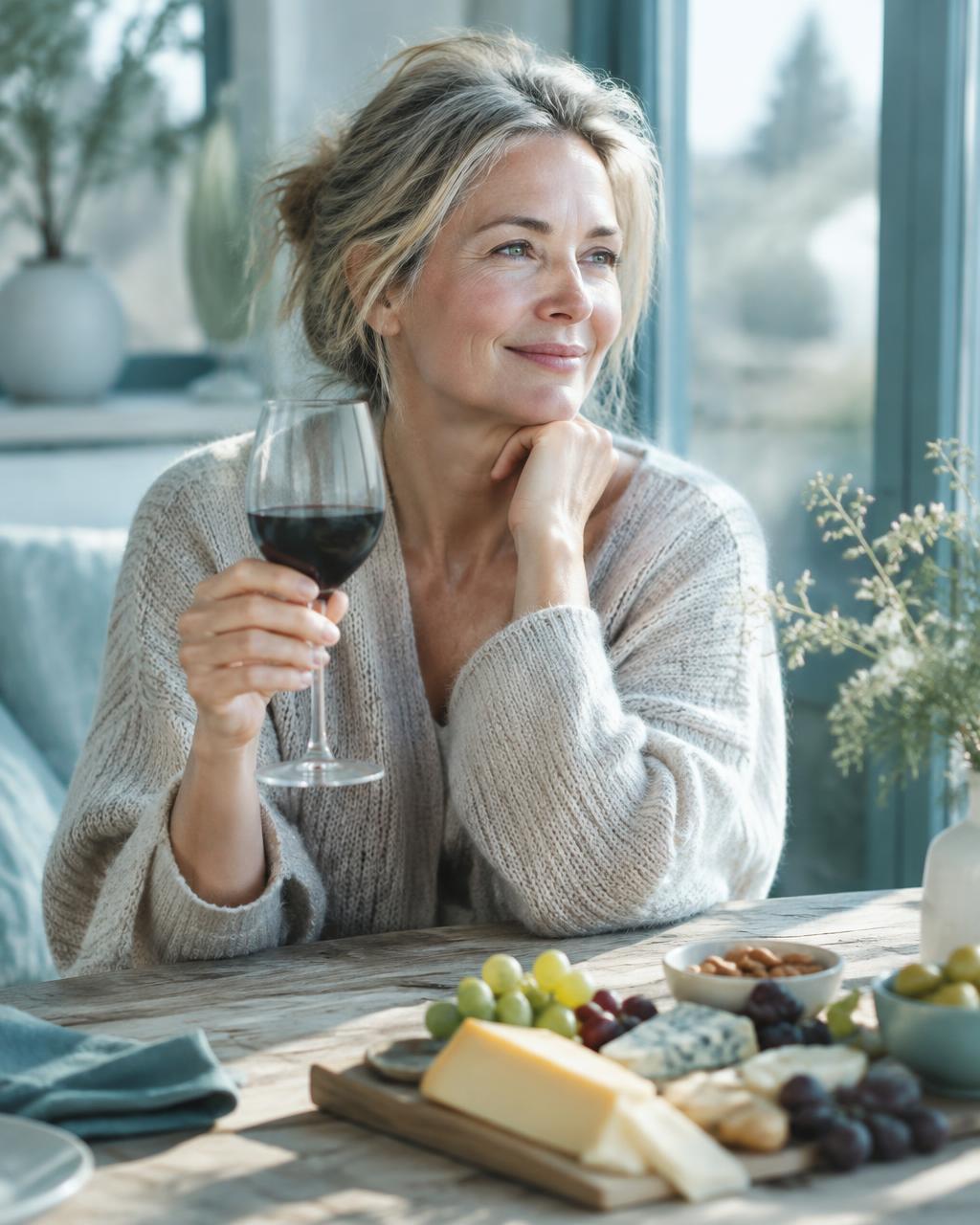 Een vrouw geniet ontspannen van een glas wijn bij een kaasplank